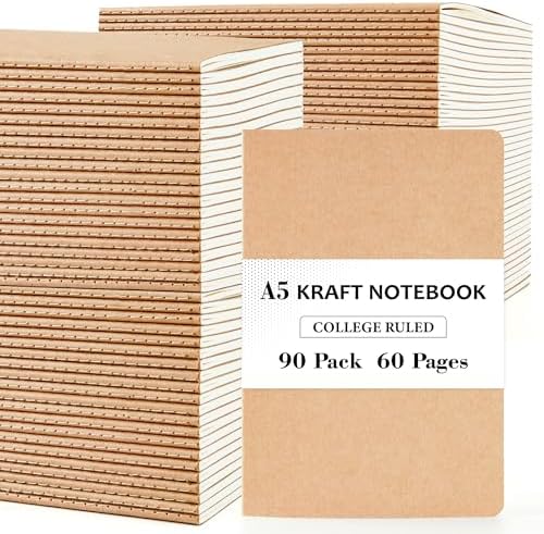 feela 90 Pack Kraft Notebooks Bulk, Lined Travel Journals Note Pad Notebooks for Men Women Girls Students, Making Plans Writing Memos Office School Supplies, A5, 60 Pages, 8.3” X 5.5” by feela