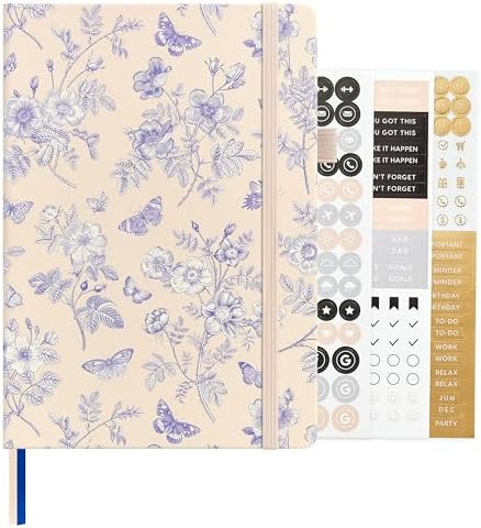 &And Per Se Dotted Journal Notebook, A5 Hardcover Aesthetic Dotted Notebook – 160 Pages 100gsm Thick Dot Grid Paper, 3 Sticker Sheets – Gift-Ready Journaling Kit for Women (Blue Flowers) by AndPerSe