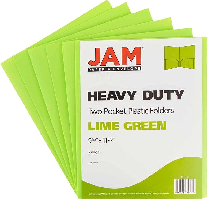 JAM PAPER Heavy Duty Plastic 2 Pocket Extra Tough School Folders - Lime Green - 6/Pack - Image 2