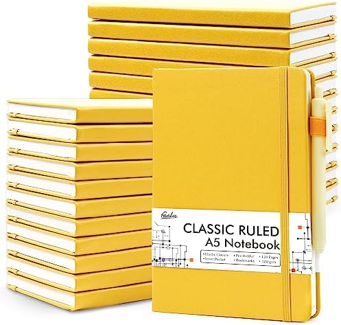 feela 24 Pack Journal Notebook for Work, Business Notebook Bulk Hardcover Lined Writing Journal with Pen Holder for Men Women Note Taking, with 24 Black Pens, 120 GSM, 5.1”x8.3”, A5, Yellow by feela