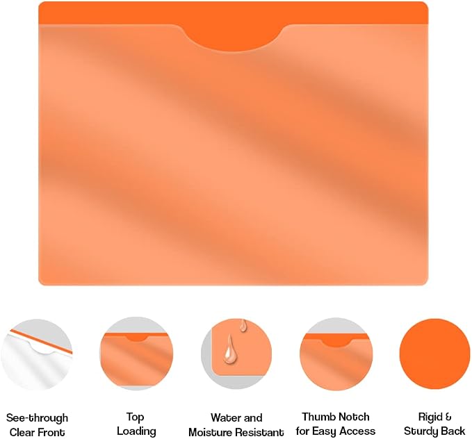 Orange Vinyl Pocket Folders Closed Sides, Letter Size, Pack of 25 Clear Front Top Loading Job Jacket, Documents Holder for Office and Medical Files, Pack of 25 - Image 4