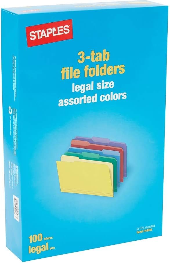 Staples File Folders, Legal Size, 1/3‑Cut Tabs, Assorted Colors, Heavy‑Duty Paper Stock, 100/Box - Image 8