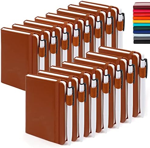 feela 15 Pack Pocket Small Notebooks Bulk, Mini Cute Notepads Hardcover College Ruled Lined Journals with Pen Holder for School Business Memos, with 15 Black Pens, 3.5”x 5.5”, A6, Brown by feela