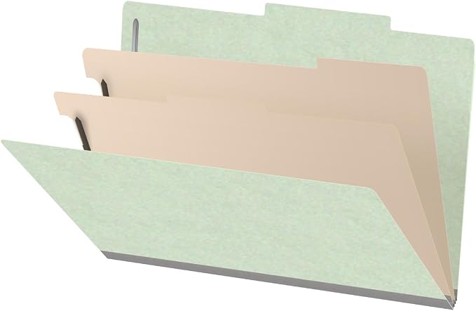 25 Pt. Pressboard Classification Folders, 2/5 Cut ROC Top Tab, Legal Size, 2 Dividers, Pale Green (Box of 10) by Ecom+Folders