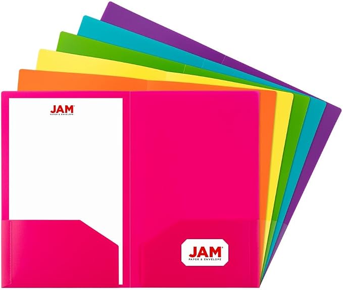 JAM PAPER A4 Heavy Duty Plastic 2 Pocket Presentation Folders - Assorted Fashion Colors - 6/Pack by JAMPaper