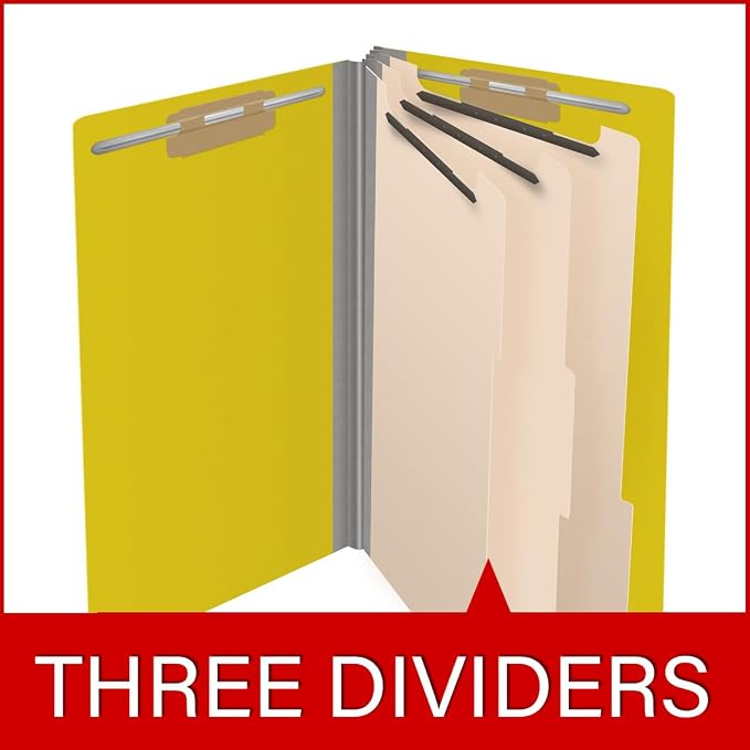 Ecom Folders End Tab Pressboard Classification Folders | Legal Size 25 Pt Type III Stock with 3 Dividers & 3" Tyvek Expansion | 2 Fasteners Pos 1 & 3 for Medical & Office Docs | Yellow, Box of 10 - Image 8