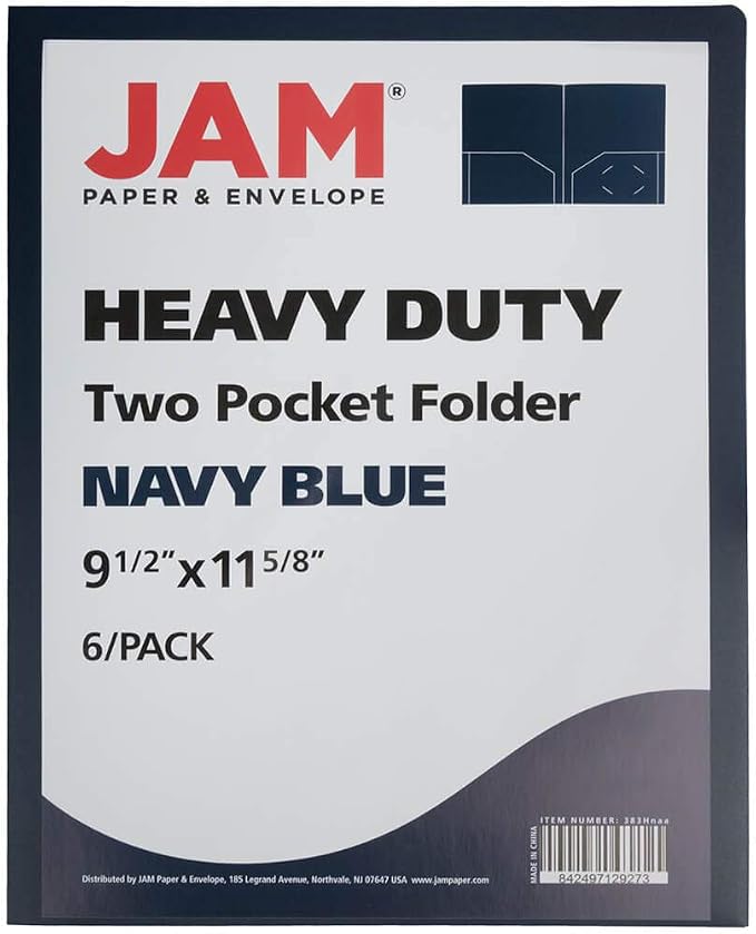 JAM PAPER Heavy Duty Plastic 2 Pocket Extra Tough School Folders - Navy Blue - 6/Pack - Image 2