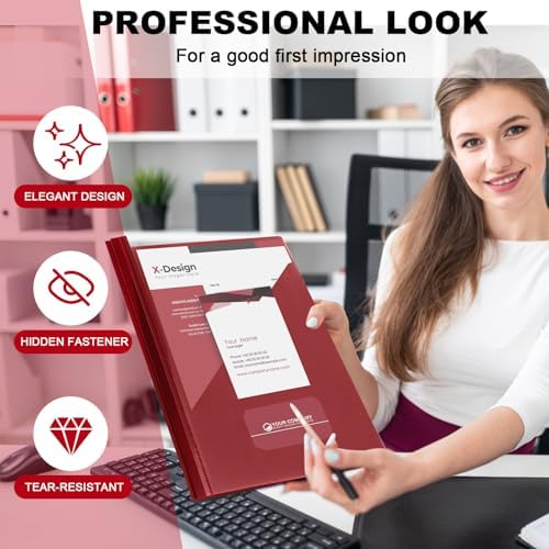 Teling 24 Pcs Clear Front Report Covers with 3 Prongs, Suit for A4/8.5'' x 11'' Letter Size Paper, Plastic Dark Red Presentation Folders Bulk, 90 Sheet Capacity, for School Business - Image 4
