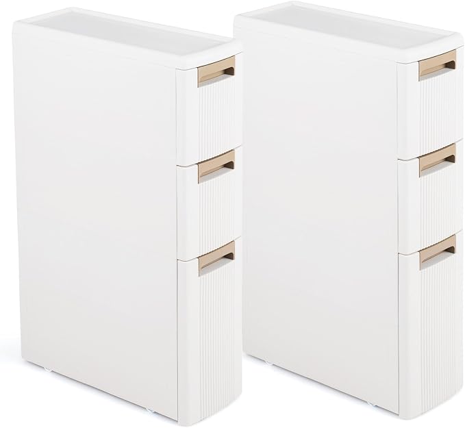 Giantex Set of 2 3-Tier Narrow Storage Cabinet, Slim Rolling Cart with 3 Drawers & 2 Removable Dividers, Plastic Storage Organizer with Wheels for Small Spaces Bathroom Kitchen by Giantex