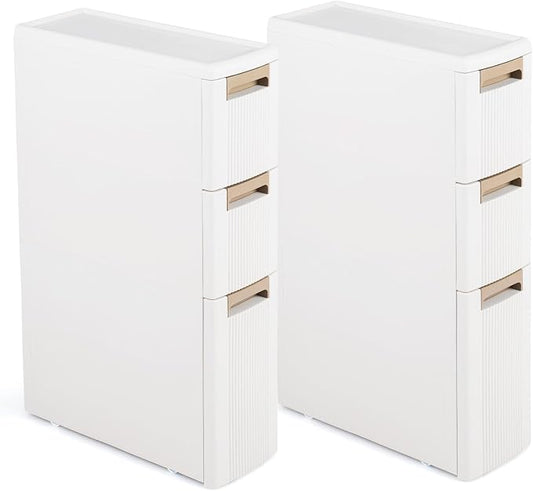 Giantex Set of 2 3-Tier Narrow Storage Cabinet, Slim Rolling Cart with 3 Drawers & 2 Removable Dividers, Plastic Storage Organizer with Wheels for Small Spaces Bathroom Kitchen by Giantex