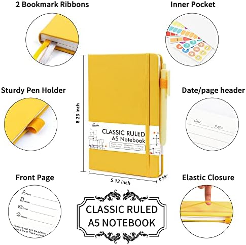 feela 18 Pack Journal Notebook for Work, Business Notebook Bulk Hardcover Lined Writing Journal with Pen Holder for Men Women Note Taking, with 18 Black Pens, 120 GSM, 5.1”x8.3”, A5, Yellow - Image 2