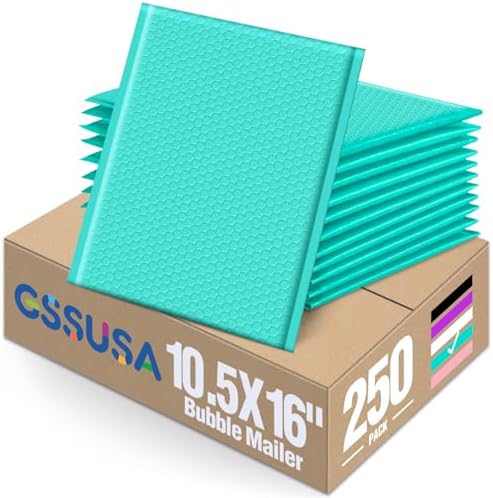 GSSUSA Large Bubble Mailers 10.5x16 Inch 250 Pack Teal Padded Envelopes, Strong Adhesion Bubble Mailer Self-Seal Bubble Envelopes for Mailing Clothes,Magazines by GSSUSA
