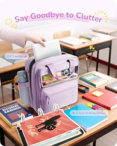 Zipper Binder 3 Ring with Ita Window, 3 Inch D-Ring Binder with Zipper and Strap Fits 14" Laptop, 600+ Sheets Capacity 3-in-1 Shoulder/Backpack/Handle Binder Bag for School Office Commute, Purple - Image 4