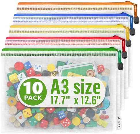 10 Pack Mesh Zipper Pouch Bags A3-12x18 - Plastic Zipper Pouches for Organizing - Board Game Organizers - Large Zippered Pouch Bag - Mesh Pouches with Zippered - Board Game Bags - Puzzle Storage by Juzari