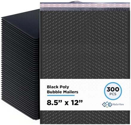 Jet Black Bubble Mailers 8.5x12, Poly Padded Envelopes #2, 300 Pack by MAILERVIEW