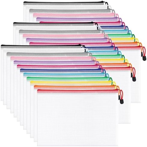 36Pack A4 Letter Size Mesh Zipper Pouch Bags, 12 Colors by Aubeco