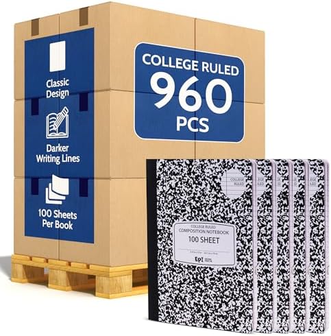 960 Pack (Pallet) EPI College Ruled Composition Notebook Bulk, 200 pages (100 Sheets), 9-3/4 x 7-1/2, Black Marble, Bulk School Supplies, Heavy Duty, Durable Office Notebooks, Sturdy Sewn Binding by EPI