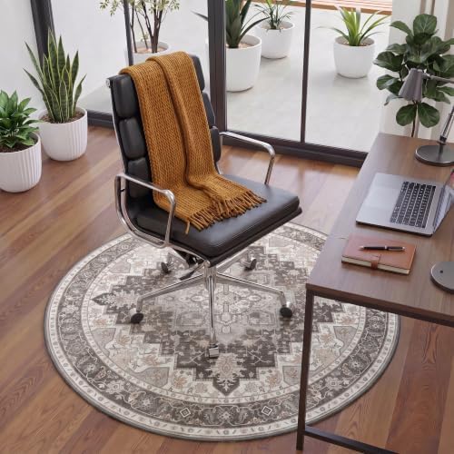 5FT Round Office Chair Mat for Hardwood Floor, Non-Slip Washable Tawny Grey - Image 2