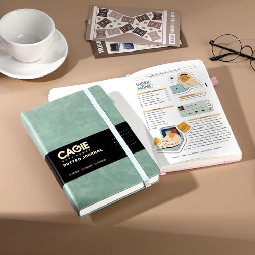 CAGIE Bullet Dotted Journal Notebook 320 Pages 100 GSM Paper Hardcover B5 Dot Grid Notebook Leather Journals for Writing Women Men Work Journaling, Green - Image 2