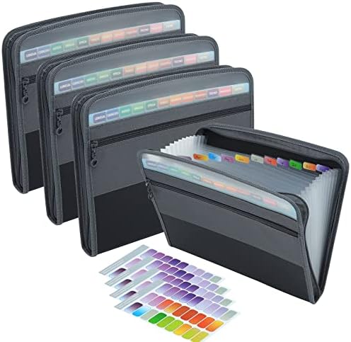 NAFY Expanding File Folders, 13 Pockets Document Organizer with Zipper, A4 Letter Size Portable Accordion Expanding File Folders with Multicolor Labels for Home Office School Supplies (Black 4 Pack) by Nafy