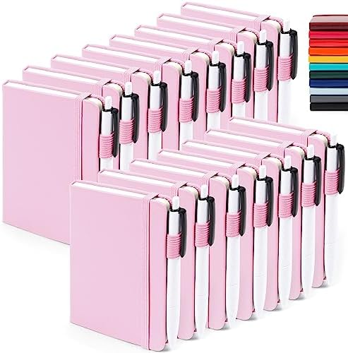feela 15 Pack Pocket Small Notebooks Bulk, Mini Cute Memo Notepads Hardcover College Ruled Lined Journals with Pen Holder for Women Girls Office School, with 15 Black Pens, 3.5”x 5.5”, A6, Rose Pink by feela