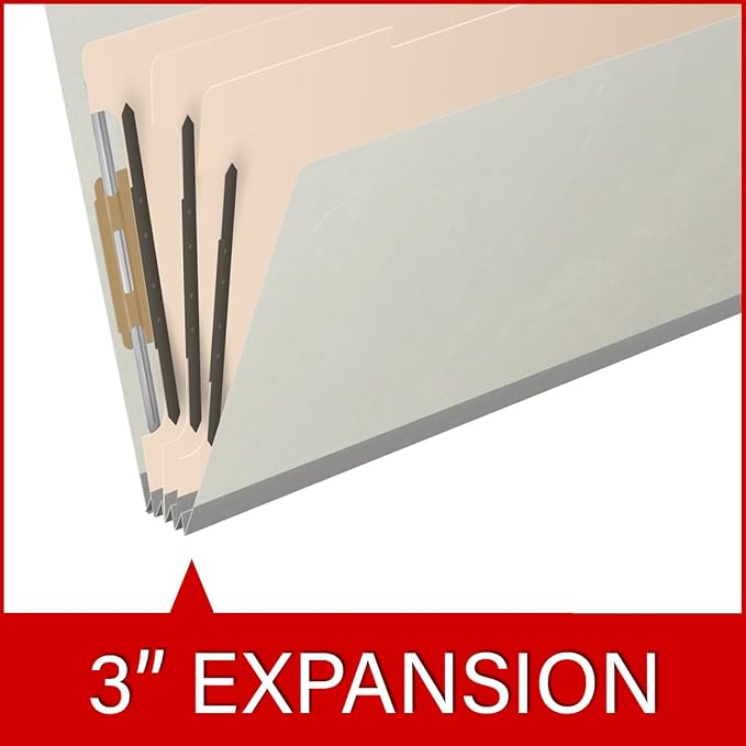 Ecom Folders End Tab Pressboard Classification Folders | Legal Size 25 Pt Type III Stock with 3 Dividers & 3" Tyvek Expansion | 2 Fasteners Pos 1 & 3 for Medical & Office Docs | Light Gray, Box of 10 - Image 7