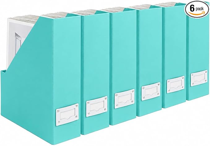 BLU MONACO Set of 6 Aqua Magazine File Holders | Foldable Magazine Storage Boxes with White Leather Label Holders | Vertical File Organizer for Desk, Shelves & Home Office by Blu_Monaco