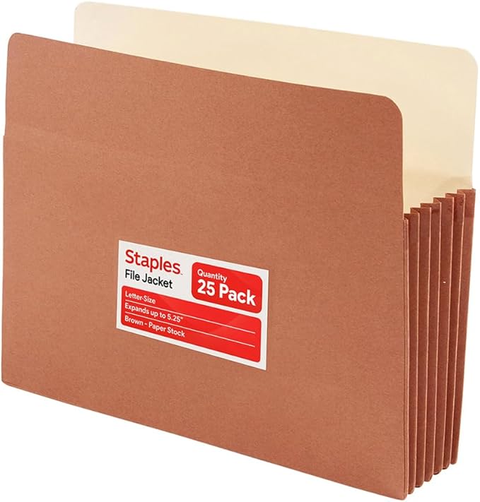 Staples Reinforced File Pocket, 3.5" Expansion, Letter Size, Brown, 25/Box (ST418293) | Heavy-duty brown accordion files for bulky document organization. by Staples