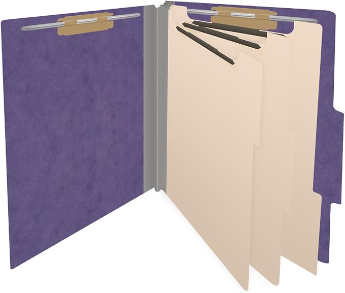 25 Pt. Pressboard Classification Folders, 2/5 Cut ROC Top Tab, Letter Size, 3 Dividers, Purple (Box of 10) - Image 4