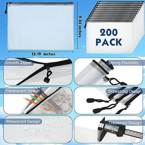 Zhehao 200 Pcs A4 Mesh Zipper Pouch Bags Bulk, Black - Image 2