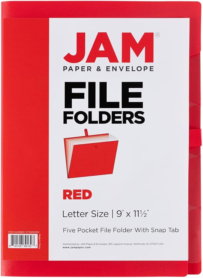JAM PAPER Slim Expanding File Folder - 5 Pocket Plastic File Folder – Snap Closure - 9 x 11 1/2 - Red - Sold Individually - Image 6