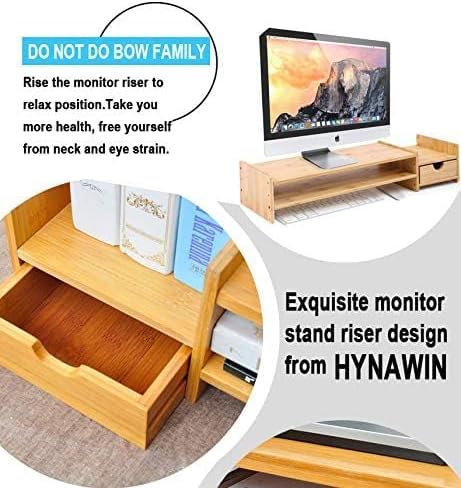 Bamboo 2-Tier Monitor Stand Riser with Drawers, Desktop Organizer for Laptop, Computer, Printer, Cellphone - Reduce Neck & Eye Strain, Office & Home Use - Image 6