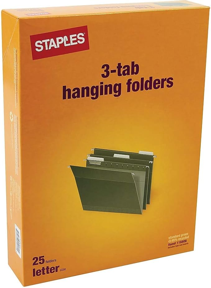 Staples Hanging File Folders, Letter Size, 1/3‑Cut Tabs, Standard Green – Bulk 250/Carton - Image 2