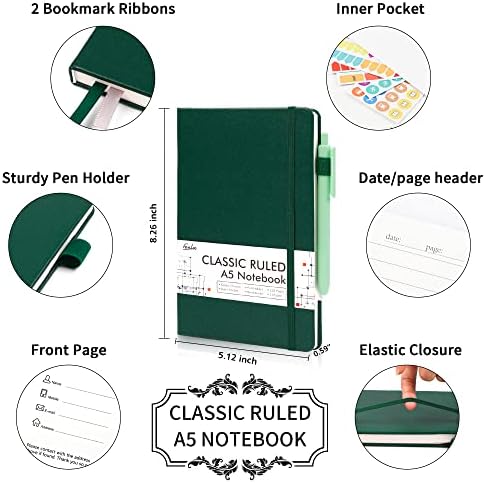 feela 12 Pack Notebooks Journals Bulk with 12 Black Pens, A5 Hardcover Notebook Classic Ruled Journal Set with Pen Holder for School Business Work Travel Writing, 120 GSM, 5.1”x8.3”, Dark Green - Image 2