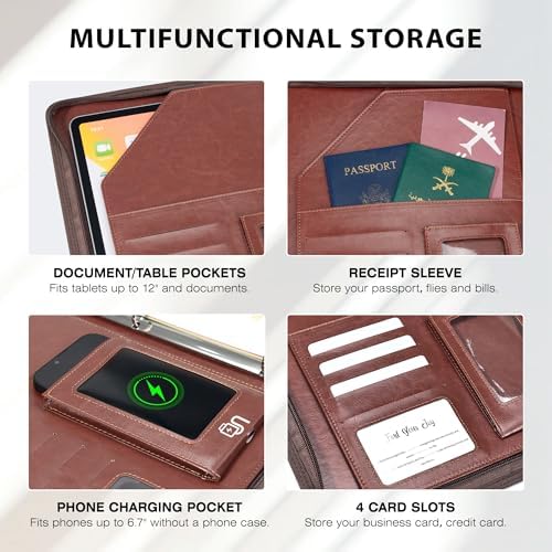 Ospelelf Zippered Padfolio Organizer, Faux Leather 3 Ring Binder with Clipboard, Letter Size Business Portfolio with Notepad, Tablet Sleeve & Phone Pockets for Office Work Brown - Image 4