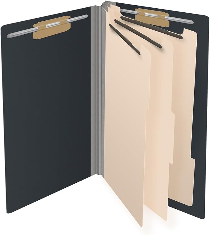 Ecom Folders End Tab Pressboard Classification Folders | Legal Size 25 Pt Type III Stock with 3 Dividers & 3" Tyvek Expansion | 2 Fasteners Pos 1 & 3 for Medical & Office Docs | Black, Box of 10 - Image 4