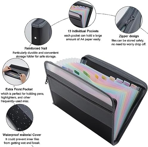 NAFY Expanding File Folder, 13 Pockets Document Organizer with Zipper, A4 Letter Size Portable Accordion Expanding File Folders with 27pcs Multicolor Labels for Home Office School Supplies (Black) - Image 3