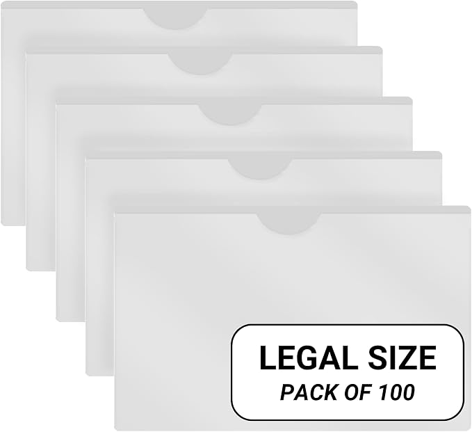 Doctor Stuff- 100 Pack, Vinyl Plastic Pocket File Folders Closed Sides, Legal Size, Clear Front Top Loading Job Jacket, Documents Holder for Office, High School and Medical Files, Frosted Clear by DoctorStuff