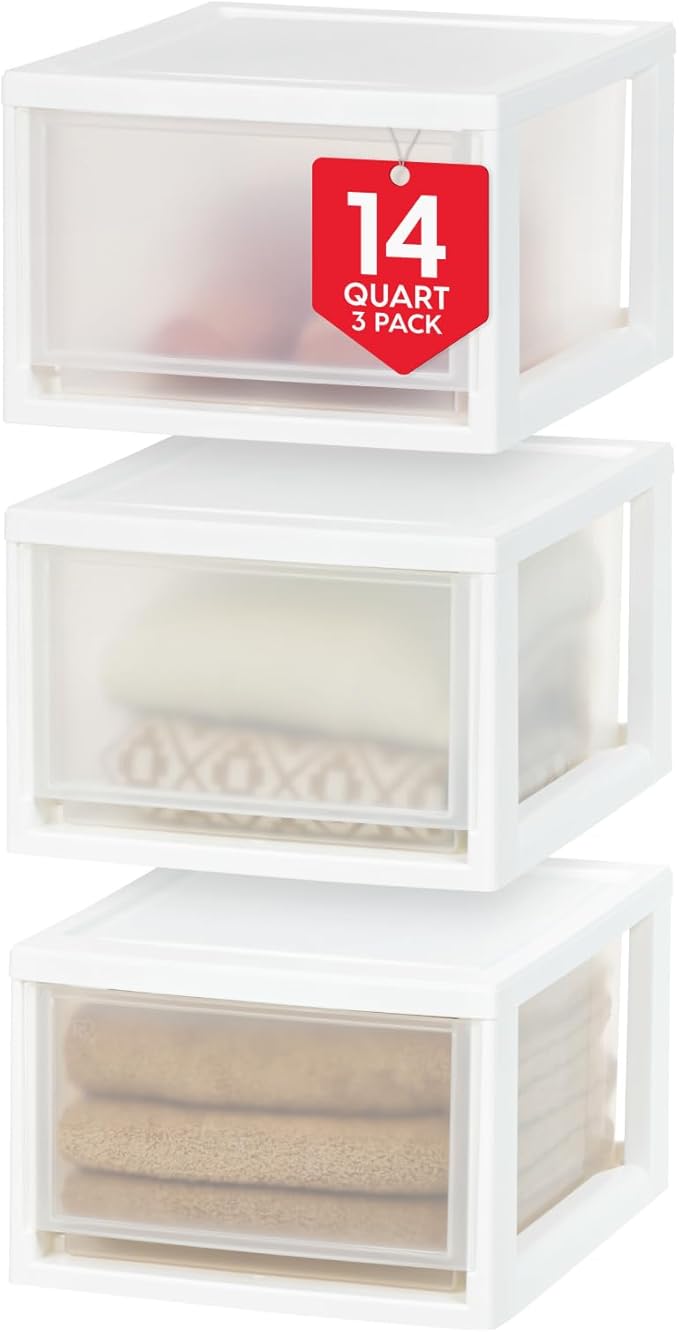 IRIS USA 3-Pack, 14.5 Qt. Stacking Drawer Storage Organizer, White | Store clothing, accessories, pantry items, and household essentials around your home with organized storage solutions by IRISUSA