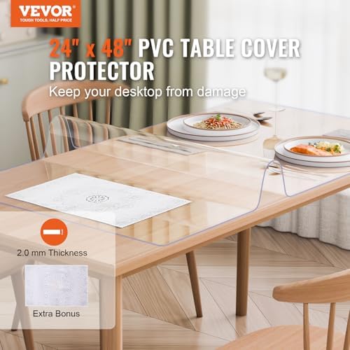 VEVOR Plastic Table Cover, 24 x 48 Inch 2.0 mm Thick Clear PVC Desk Mat Protector, Waterproof & Easy Cleaning Desk Pad Tablecloth, for Office, Dresser, Dining Room, Night Stand - Image 2