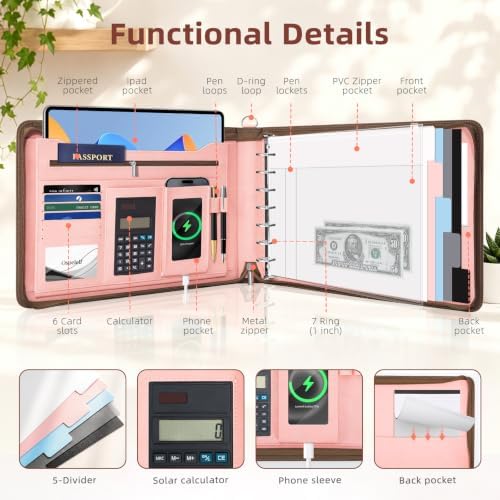 Ospelelf Pink Zippered 7 Ring Check Binder for Business Checks (9" x 13"), 1 Inch Faux Leather Checkbook Portfolio with Zipper Pouch, Professional Binder Organizer for Accountants, Home Use - Image 2