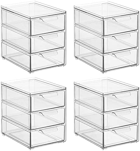 mDesign Plastic Stackable Organizer with 3 Drawers - Pull-Out Drawer Storage Bin for Bathroom Sink/Cabinet Organization - Perfect for Makeup, Small Towels, and More - Lumiere Collection, 4 Pack, Clear by mDesign