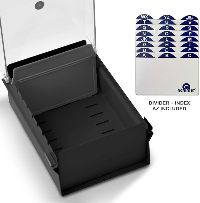 Acrimet 3 x 5 Card File Holder Organizer Box Metal Base Heavy Duty (AZ Index Cards and Divider Included) (Black Color with Clear Crystal Plastic Lid Cover) - Image 4