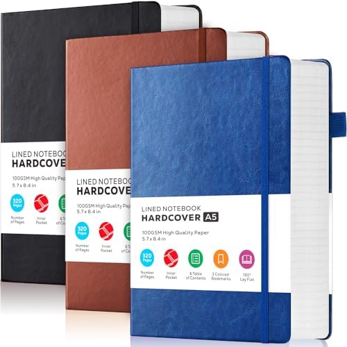 FOCUS DAY 3 Pack Journal Notebook, 320 Pages A5 Lined Notebook Journal Set for Work Writing, Hardcover Leather Bound Notebooks Bulk for Women Men Office School, 5.7'' X 8.4'', Multicolor by FOCUSDAY