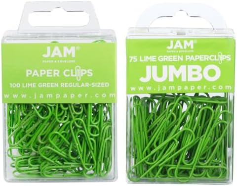JAM PAPER Combo Pack Colorful Paper Clips - Standard & Jumbo - Lime Green Paperclips - 1 Pack of 100 & 1 Pack of 75 by JAMPaper
