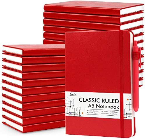 24 Pack Journal Notebook for Work, Feela Business Notebook Bulk Hardcover Lined Writing Journal with Pen Holder for Men Women Note Taking, with 24 Black Pens, 120 GSM, 5.1”x8.3”, A5, Red by feela