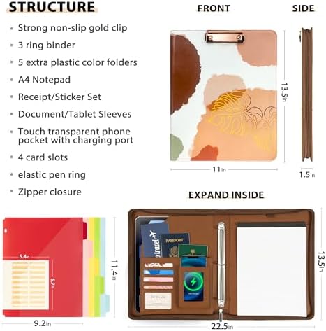Ospelelf Leather Clipboard with Storage, Zippered Padfolio Portfolio Organizer, 3 Ring Binder 1 Inch, Notepad, Tablet Sleeve, 5 Dividers with Pocket for Office, Students, Teachers Abstract Brown - Image 2