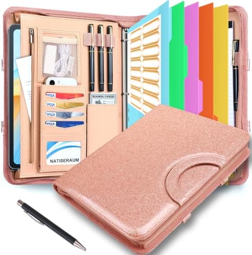 Padfolio Portfolio Binder with Handle, 3-Ring Folder Organizer, Vegan Leather Portfolio with Notepad Includes 5 Dividers with 10 Pockets for Documents Filesfor Documents Files and 1 Pen by NATISERAUM