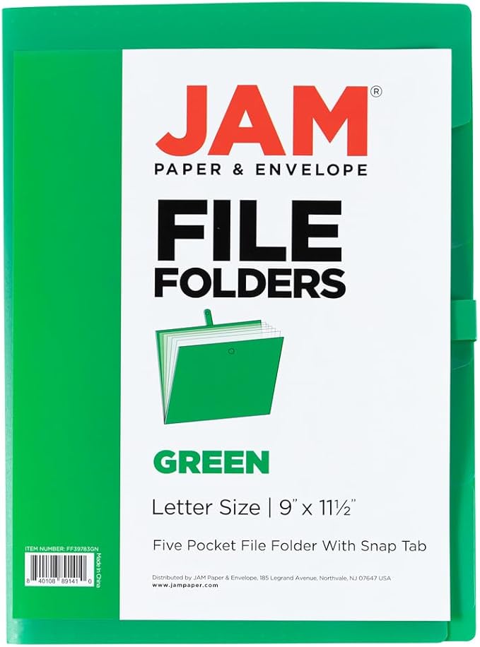 JAM PAPER Slim Expanding File Folder - 5 Pocket Plastic File Folder – Snap Closure - 9 x 11 1/2 - Green - Sold Individually - Image 6