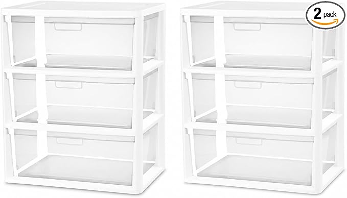 2Pack,3-Drawer Storage Tower, Wide Plastic Organizer with Removable Bins | Clear and White,Decorative Weave Design, Tool-Free Assembly, Removable Bins, Carry Handles, Drawer Stops, BPA-Free by Unknown